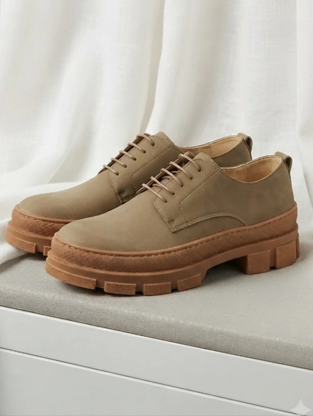 Nae Vegan Taupe Derby with Brown Lug Sole Shoes.